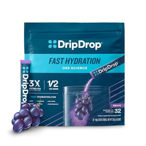 DripDrop Hydration Packets - Grape - Single Serve Electrolytes Powder Drink Mix - Non-GMO, Gluten Free, Vegan - 32 Sticks - Image 1