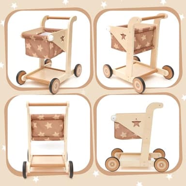 Asweets 2 in 1 Wooden Baby Walker Push and Pull Doll Stroller, Shopping Cart Learning Walker for Boys and Girls, Sit Stand Learning Toddler Toy (Brown) - Image 6