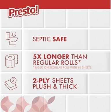 Amazon Brand - Presto! 2-Ply Ultra-Strong Toilet Paper, 24 Mega Rolls Toilet Paper = 120 regular rolls, 308 Sheet (Pack of 24), Unscented - Image 3