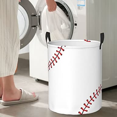Gbuzozie 38L Round Laundry Hamper Red Stitching Baseball Storage Basket Waterproof Coating White Ball Organizer Bin For Nursery Clothes Toys - Image 8