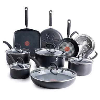 T-fal Ultimate Hard Anodized Nonstick Cookware Set 14 Piece, Oven Broiler Safe 400F, Lid Safe 350F, Kitchen Cooking Set w/Fry Pans, Saucepans, Griddle, Dutch Oven, Pots & Pans, Dishwasher Safe, Black - Image 1