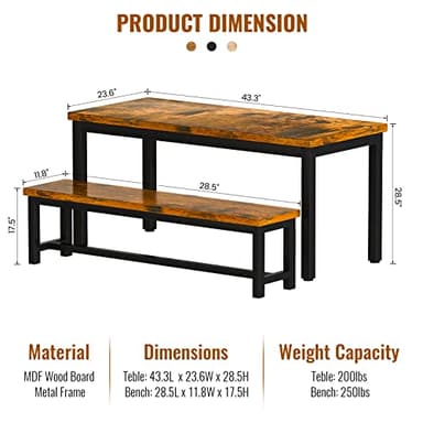 AWQM Dining Room Table Set, Kitchen Set with 2 Benches, Ideal for Home, and Room, Breakfast of 43.3x23.6x28.5 inches, Benches 38.5x11.8x17.5 Industrial Brown (A006-11F2-L) - Image 7
