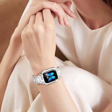 SUPOIX Compatible with Apple Watch Band 45mm + Case, Women Jewelry Bling Diamond Metal Bands & 2 Pack Protective Cover Cases for iWatch Series 9/8/7(Silver) - Image 6