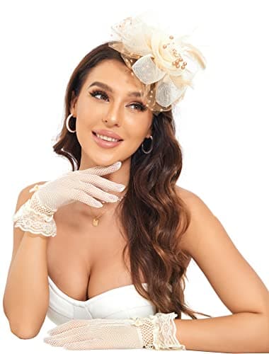 Fascinators Hats Clip Hat Wedding Cocktail Fascinators Tea Party Headwear and Short Lace Bowknot Gloves for Women (102 Beige Brown) - Image 1