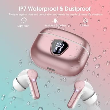 Wireless Earbuds, Bluetooth 5.4 Headphones HiFi Stereo, Bluetooth Earbuds with ENC Noise Cancelling Mic, IP7 Waterproof in Ear Earphones, 48H, LED Display Ear buds for Pad Workout Sports, Rose Gold - Image 5
