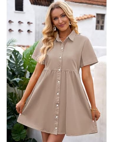 GRAPENT Denim Dress for Women Babydoll Tiered Short Sleeve Button Down Jean Shirt Dresses Light Taupe Oversized Boyfriend Loose Fit Large Size 12 Size 14 - Image 4