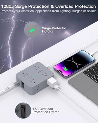 Power Strip with USB C Ports(2 USB C), HANYCONY 8 Outlets Surge Protector with 5 Ft Extension Cord, Flat Plug Wall Mount, Desk Charging Station for Home Office, ETL Listed Gray - Image 3