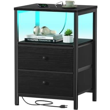 BOLUO Black Nightstand with Charging Station, LED Night Stand with 2 Fabric Drawers, Bedside Table with USB Ports and Outlets, Nightstand for Bedroom Modern - Image 1