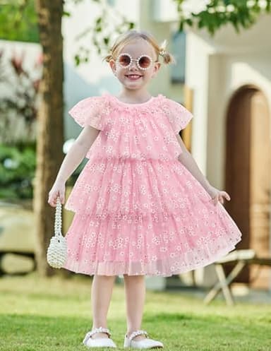 Arshiner Girls Tulle Dress Toddler Layered Tulle Tutu Dresses Baby Floral Dress Summer Formal Party Birthday Wedding 2T Pink Flower - Image 7