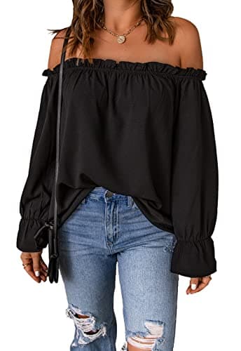 Spriolim Womens Off Shoulder Sexy Fashion Tops Casual Long Sleeve Chiffon Shirt Blouses Black, Large - Image 1