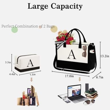 YOOLIFE Birthday Gifts for Sister - Initial Canvas Tote Bag & Makeup Bag, Letter D - Image 3