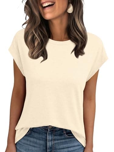 AUTOMET Womens Summer Tops T Shirts Cap Sleeve Business Casual Dressy Spring Fashion Outfits Cute Trendy Vacation Clothes 2025 Cream L - Image 1