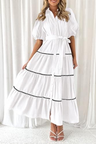 PRETTYGARDEN Women's Summer Button Down Shirt Dress Short Puffy Sleeve Tiered Ruffle Flowy Long Maxi Dresses (White,Medium) - Image 5