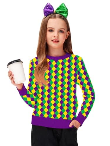 Remimi Kids Mardi Gras Sweatshirt Purple Green Yellow New Orleans Girls Long Sleeve Sweater Tricolor Lattice 7-8 Years - Image 2