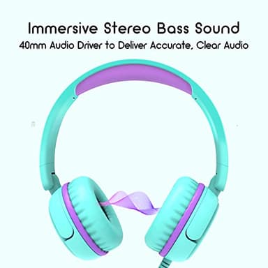 IMYB V1 Kids Headphones, Wired Stereo Foldable Tangle-Free 3.5mm Adjustable On-Ear Headphones for Kids for School/Toddlers/Childrens/Teens/Boys/Girls/Ipad/Tablet/Kindle/Phones/Travel/Plane (Green) - Image 3