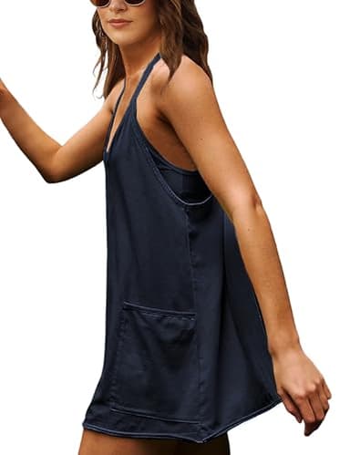 Lentta Womens Athletic Sleeveless Mini Dress with Built-in Shorts V Neck Spaghetti Strap Sundress(DarkBlue-XS) - Image 3