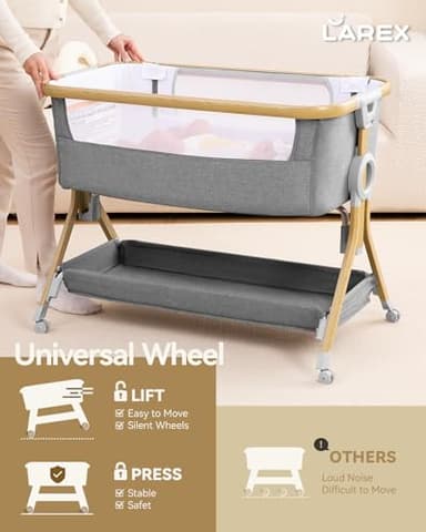 Larex Baby Bassinet Bedside Sleeper for Baby, Baby Crib Bed for Newborn Infant, Bedside Bassinet with Wheels, 5 Adjustable Height, Mosquito Net, Breathable Mattress and Mesh, Storage Basket and Bag - Image 6