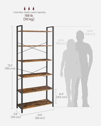 VASAGLE 6-Tier Bookshelf, Bookcase with Steel Frame, Book Shelf for Living Room, Home Office, Study, 11.8 x 31.5 x 73.2 Inches, Industrial Style, Rustic Brown and Ink Black ULLS082B01 - Image 3