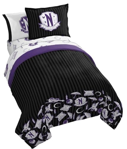 Jay Franco Wednesday Addams Twin Comforter Set â€“ 5 Piece Bedding Includes Sheet Set & Pillow Covers - Black and Grey Stripes Super Soft Kids Bedding - Image 1