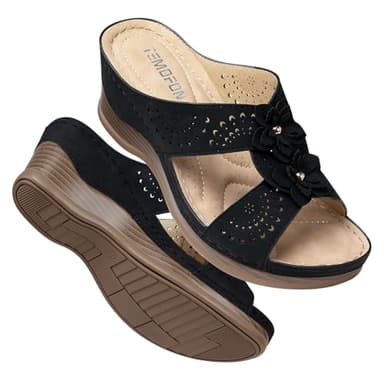 TEMOFON Womens Wedge Sandals Leather: Casual Dressy Women Black Summer Platform Wedge Sandals Slip on Low Heels Comfortable Walking Size 10.5 - Image 1