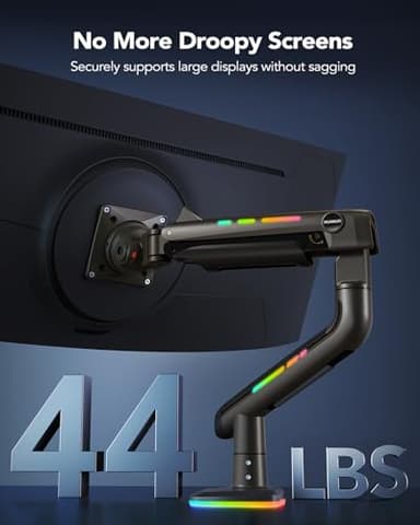 HUANUO RGB Monitor Arm for Ultrawide Screens up to 57″, Heavy-Duty Single Mount Holds 44 lbs, Fully Adjustable Gaming Monitor Arm with C-Clamp & Grommet Base, Max VESA 100 x 100mm - Image 4