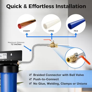 iSpring WGB32B-PB 3-Stage Whole House Water Filtration System (w/ 20” x 4.5” Fine Sediment, Carbon Block, and Lead Reducing Filters) w/ 3/4'' Push-Fit Stainless Steel Hose Connectors - Image 4