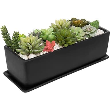 MyGift 14 Inch Ceramic Indoor Plant Pot, Rectangular Succulent Planter, Decorative Flower Planter with Drainage Hole and Removable Tray, Matte Black - Image 7