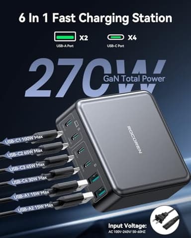 270W USB C Charger Block, Rocoren 6 Port Multi USB-C Charging Station,100W PD Fast USBC Gan Charger Station Hub Dock for Multiple Devices, Laptop Type C for MacBook/iPhone 17/iPad/Galaxy S25 - Image 2