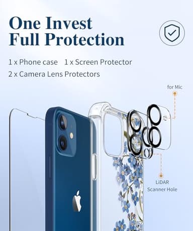 GVIEWIN for iPhone 12 Case and iPhone 12 Pro Case with Screen Protector + Camera Lens Protector, Clear Floral Flexible TPU Shockproof Women Girls Flower Phone Case 6.1"(Aconite/Blue) - Image 7