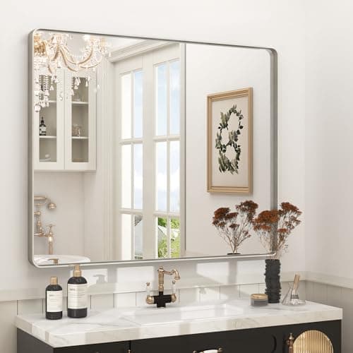 CHARMOR 44x36 Silver Brushed Nickel Bathroom Mirror for Wall, Rounded Rectangle Silver Framed Bathroom Vanity Mirror, Anti-Rust, Shatterproof, Hangs Horizontally or Vertically - Image 1