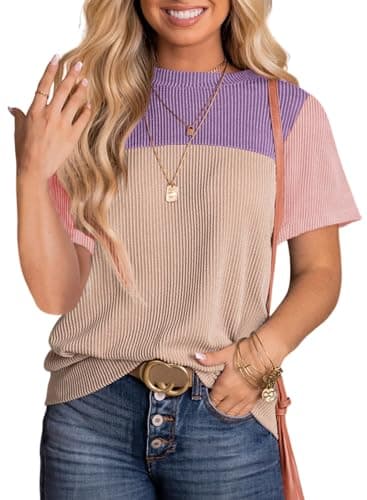 Dokotoo Womens Tops Colorblock Crewneck Short Shirt Spring Sweatshirts Business Casual Loose Ladies Clothes Shirts Summer Outfits for Women Trendy Purple Large - Image 1