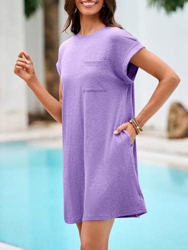 Wenrine Women's Summer T Shirt Dress Casual Short Sleeve Crewneck Loose Fit Mini Dresses with Pockets Light Purple - Image 4