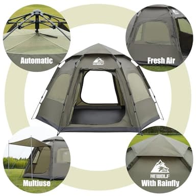 Hewolf 2/3/4 Person Camping Tent - Instant Pop Up Waterproof 2 Doors Tent with Easy Setup | 3-Season Hexagonal Dome Design for Family, Hiking & Traveling (Green) - Image 4