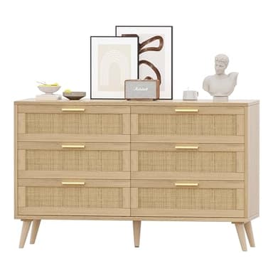 Rovaurx 6 Drawer Double Dresser for Bedroom, Rattan Chest of Dressers, Modern Wooden Dresser Chest with Golden Handles, Beside Table for Closet, Living Room and Entryway, Natural - Image 9