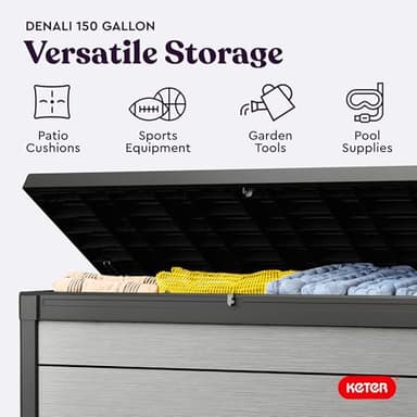Keter Denali 150 Gallon Resin Large Deck Box with Double Wall 20mm Panels - Paintable and Drillable-Organization and Storage for Patio Furniture and Outdoor Items, Grey & Black - Image 4