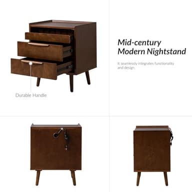HULALA HOME 2 Drawer Nightstand with Charging Station, Mid-Century Modern Bedside Tables with Wood Legs, Wood Night Stand with Pull-Out Shelf Set of 2, Walnut - Image 7