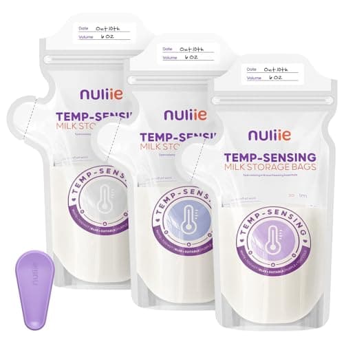 Nuliie 150pcs Temp-Sensing Breastmilk Storage Bag, Huge Temp-Sensing Icon & Locking Clamp, 6oz Breast Milk Storage Bags Freezer Pour Spout, Self Standing Milk Storage Bags Breastmilk, BPA-Free No-Leak - Image 1
