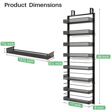 Over the Door Pantry Organizer - 8 Tier Adjustable Pantry Door Spice Organizer, Large Capacity Hanging Door Spice Rack for Kitchen Pantry Organizers and Storage (Black, 17"W x 6"D x 69"H) - Image 7