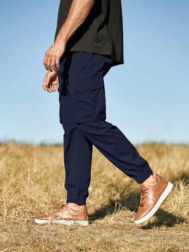 JMIERR Men's Casual Pants Comfy Slim Fit Elastic Waist Drawstring Stretch Tapered Athletic Work Hiking Workout Lightweight Cargo Joggers Sweatpants with Pockets Fall Clothing, S, Navy Blue - Image 4