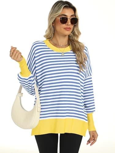 ANRABESS Women Oversized Sweaters Batwing Long Sleeve 2025 Fall Outfits Crewneck Casual Knit Side Slit Fashion Pullover Top Blue White Medium - Image 3