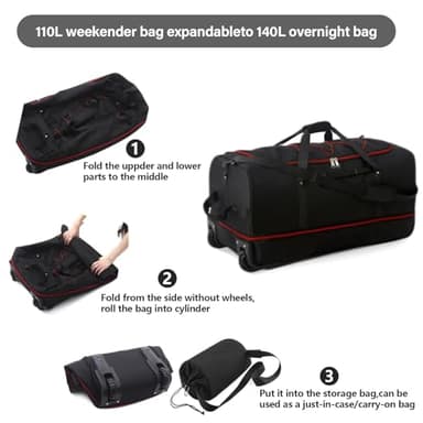 Vomgomfom 32" Soft-Sided Foldable Wheeled Travel Duffel Bag,Expandable 110L to 140L Rolling Cargo Bag with 2 Wheels and Multiple Pockets,Black-red - Image 4
