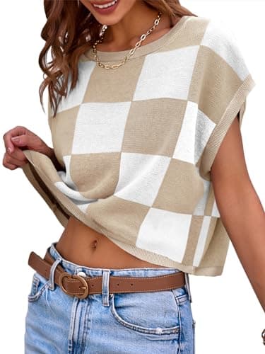 Saodimallsu Womens Cap Sleeve Crop Tops Summer Color Block Going Out Crew Neck Knit Trendy Casual Sweater - Image 3