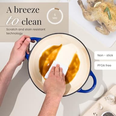 Nuovva Enamelled Cast Iron Dutch Oven Pot with Lid – 6.4 Quart Non Stick Casserole Pot – Heavy Duty & Oven Safe up to 500° F for Bread Baking, Braising, Stews, Roasting – 28cm Dark Blue - Image 8