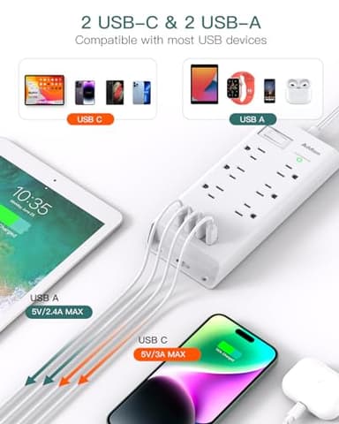 Surge Protector Power Strip, Addtam Flat Plug Extension Cord with 6 Outlet 4 USB Ports (2 USB C), 5FT Outlet Extender Strip for Home Office College Dorm Room Essentials - Image 4