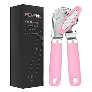 Beneno Heavy Duty Hand Can Opener Manual with Magnet, Durable Sharp Carbon Steel Blade Smooth Cutting, Big Effort-Saving Knob & Soft Grip Handle, Multifunctional Kitchen Tool with Bottle Opener, Pink - Image 1