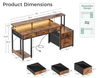 AODK 55 Inch Computer Desk with 3 Drawers and File Cabinet for Storage, Office Desk with Monitor Stand and LED Lights, Home Office Desks, Vintage - Image 3