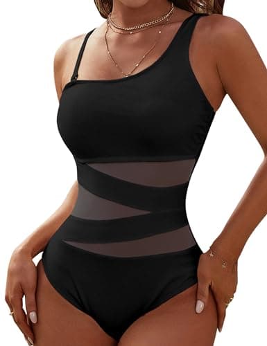 Blooming Jelly Women's Sexy One Piece Bathing Suits One Shoulder Swimsuits Slimming Mesh Swimwear (Large, Black) - Image 1