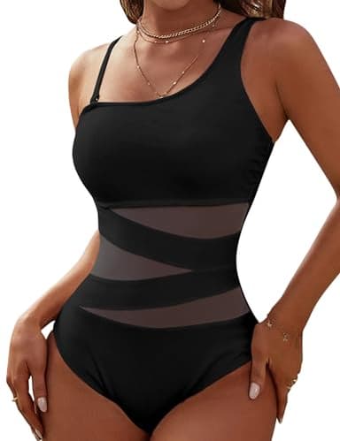 Blooming Jelly Women's Sexy One Piece Bathing Suits One Shoulder Swimsuits Slimming Mesh Swimwear (Large, Black) - Image 1