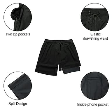 Arcweg Mens Swim Trunks with Compression Liner 2 in 1 Beach Swimming Trunks Quick Dry Swim Shorts with Zipper Pockets Black - Image 5