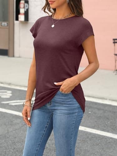 AUTOMET Womens Summer Tops T Shirts Cap Sleeve Business Casual Dressy Spring Fashion Outfits Cute Trendy Vacation Clothes 2025 WineRed S - Image 3